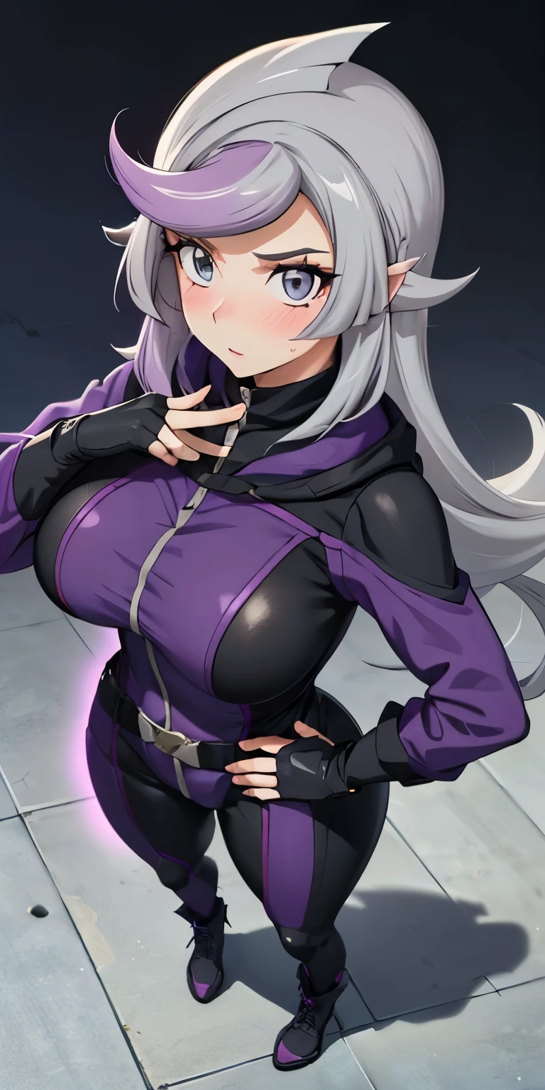 1 Female,High definition,high resolution,Ultra-realistic,8K, 1girl,  (emma_bessho:1.2),  (grey hair:1.2),(  purple hair:1.2),  grey eyes,  low-tied long hair,  (large breasts:1.2),  (wide hips:1.2),  (purple bodysuit:1.2),  (long sleeves:1.2),  pants,  (black gloves,  fingerless gloves:1.2),medium breasts, black boots,European,sexy,Upper body close-up,Photographed from the front,Dynamic Angles,blush, big tits ,(top view),(full body), perfect face,cute face,perfect face,cute face,ultra high definition, detailed face,8k