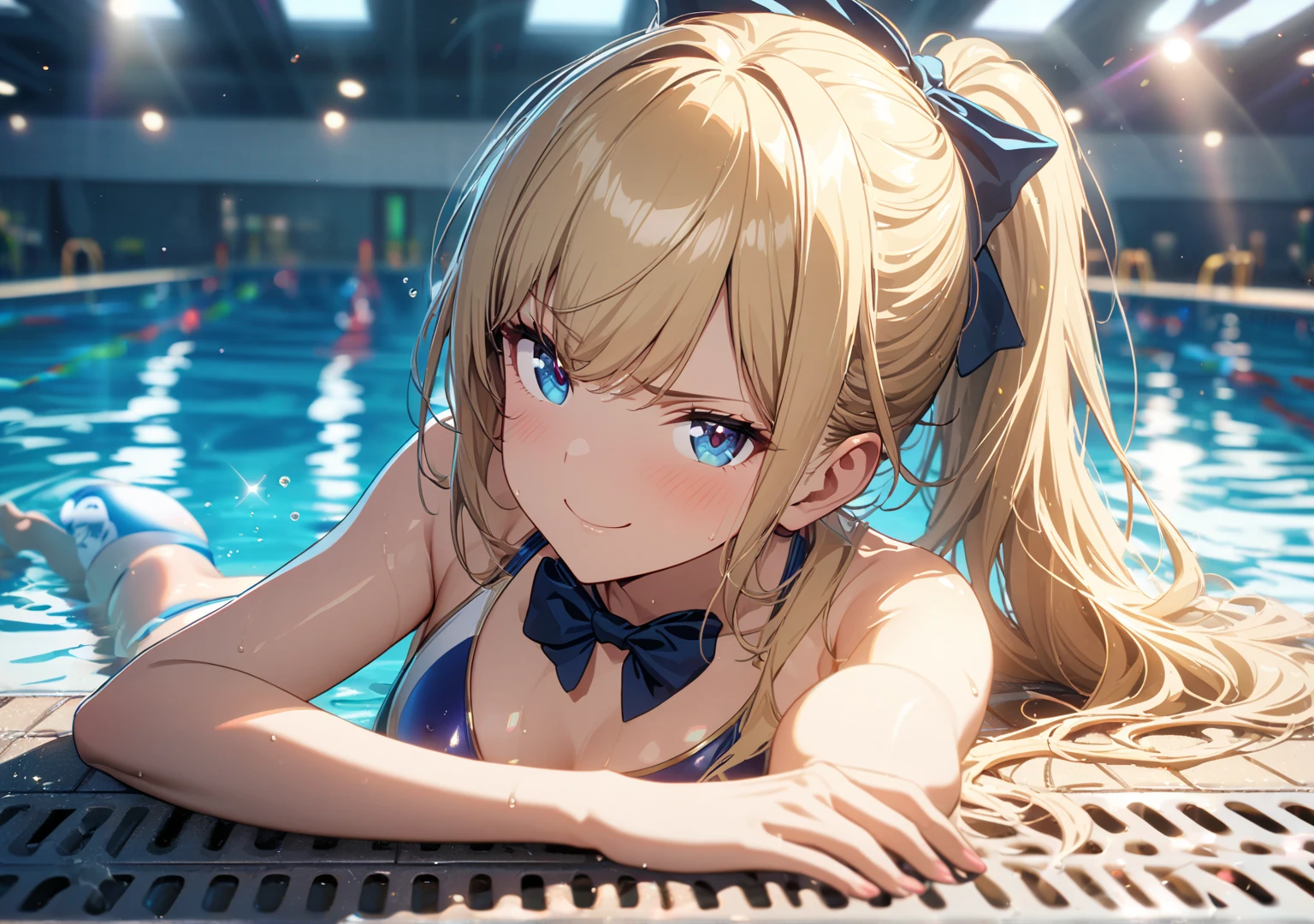 (Top quality illustrations:1.2), (pretty girl:1.1), (1 girl、17 years old、Top quality illustrations:1.2), (1 girl、Kind eyes、blue eyes:1.2)、Blonde、Semi-long hair、Competitive swimming suits、High leg、Cowboy Shot、sexy、Large Breasts、Outdoor swimming pool、School swimming pool。blue sky、smile
