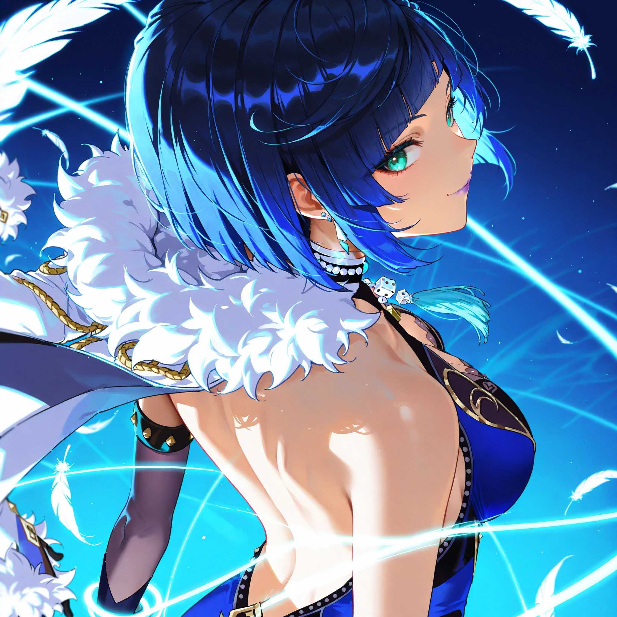 1girl, yelan \(genshin impact\), genshin impact, abstract background, blue dress, blue hair, blunt bangs, dress, feather collar, gloves, gold trim, green eyes, grey gloves, jacket, looking at viewer, looking back, short hair, smile, solo, upper body, white jacket, medium breasts, backless outfit, earrings, mismatched gloves, from behind, bare shoulders, parted bangs, arms at sides, breasts, shaft look, streaked hair, closed mouth, white feathers, purple lips, multicolored hair, gradient background, jewelry, fur-trimmed sleeves, fur trim, tassel choker, asymmetrical gloves, blue background, black gloves, dice, from above, bob cut, elbow gloves, backless dress, bead chok