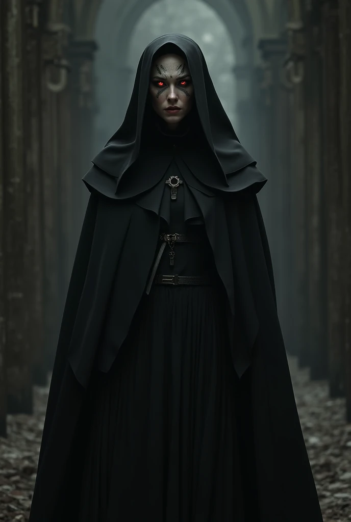 A dark and eerie abbey surrounded by dense fog under a moonlit sky. The crumbling walls and gothic architecture add to the sense of foreboding. In the foreground, a sinister figure in a nun's habit with glowing, malevolent eyes stands with an unsettling grin. The nun bold figure big Shadows twist and writhe around her as if alive. Flickering candlelight reveals ancient symbols and ominous artifacts scattered throughout the scene. In the background, ghostly apparitions loom, their faces twisted in silent screams. The atmosphere is thick with dread, and an oppressive sense of evil permeates the air."
