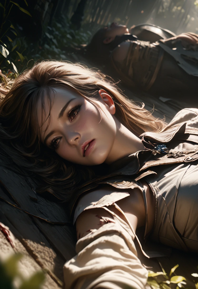 a beautiful girl in a garden, lying on the ground, unconscious, severely injured, blood, torn clothes, dramatic lighting, cinematic composition, highly detailed, realistic, photorealistic, 8k, best quality, masterpiece, dark fantasy, dramatic, moody, chiaroscuro, dramatic lighting, cinematic