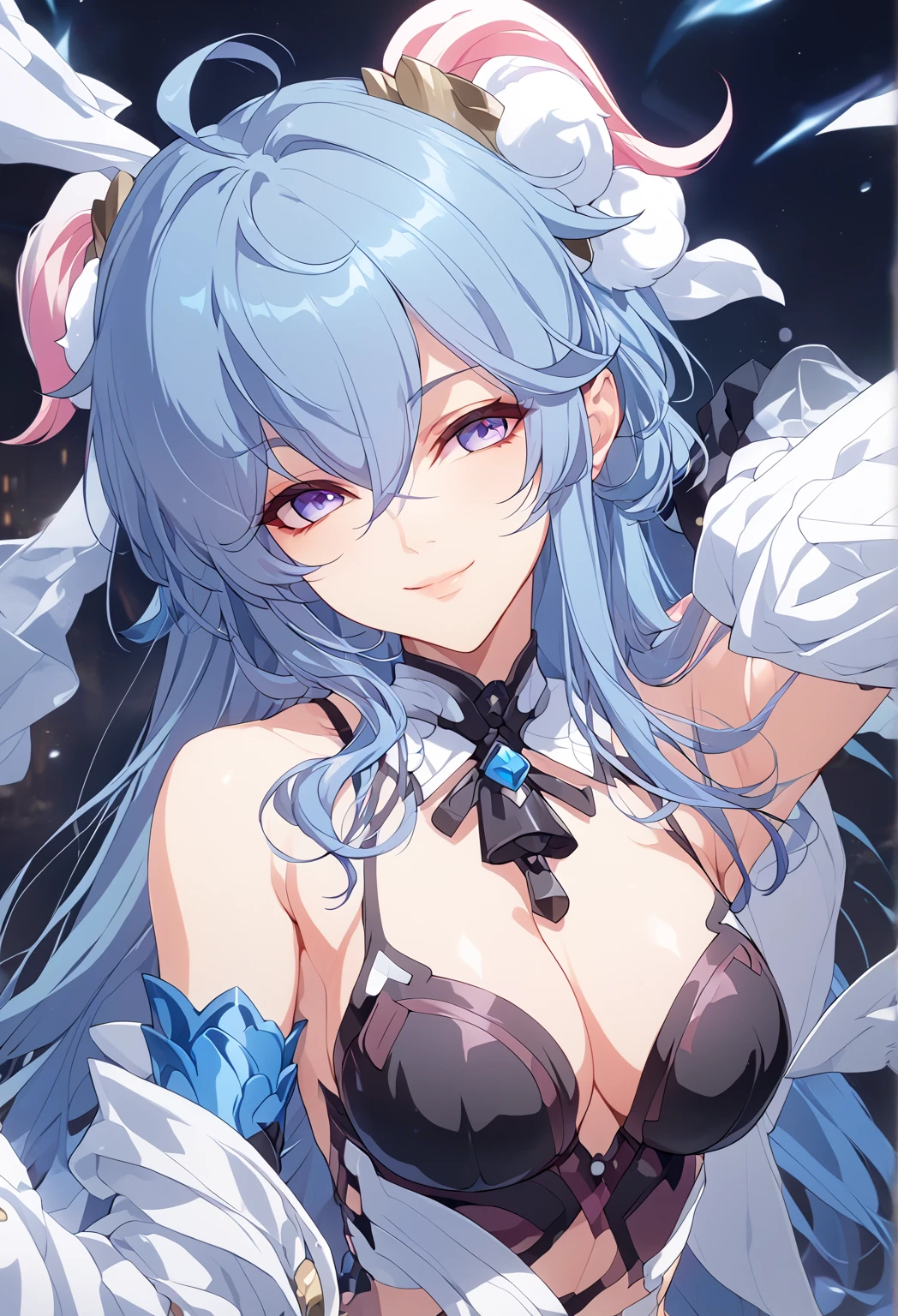 (Masterpiece, best quality:1.2,) \(mingchao/changli\), 1girl solo,long hair,hair ornament,pink hair,cleavage,bare shoulders,ahoge,bangs,smile,closed mouth,style image of a woman with blue hair and a black bra, seductive anime girl, beautiful alluring anime woman, detailed digital anime art, detailed anime artwork, detailed anime art, clean detailed anime art, cleavage, beautiful anime girl, extremely detailed artgerm, beautiful anime woman, attractive anime girl, anime girls