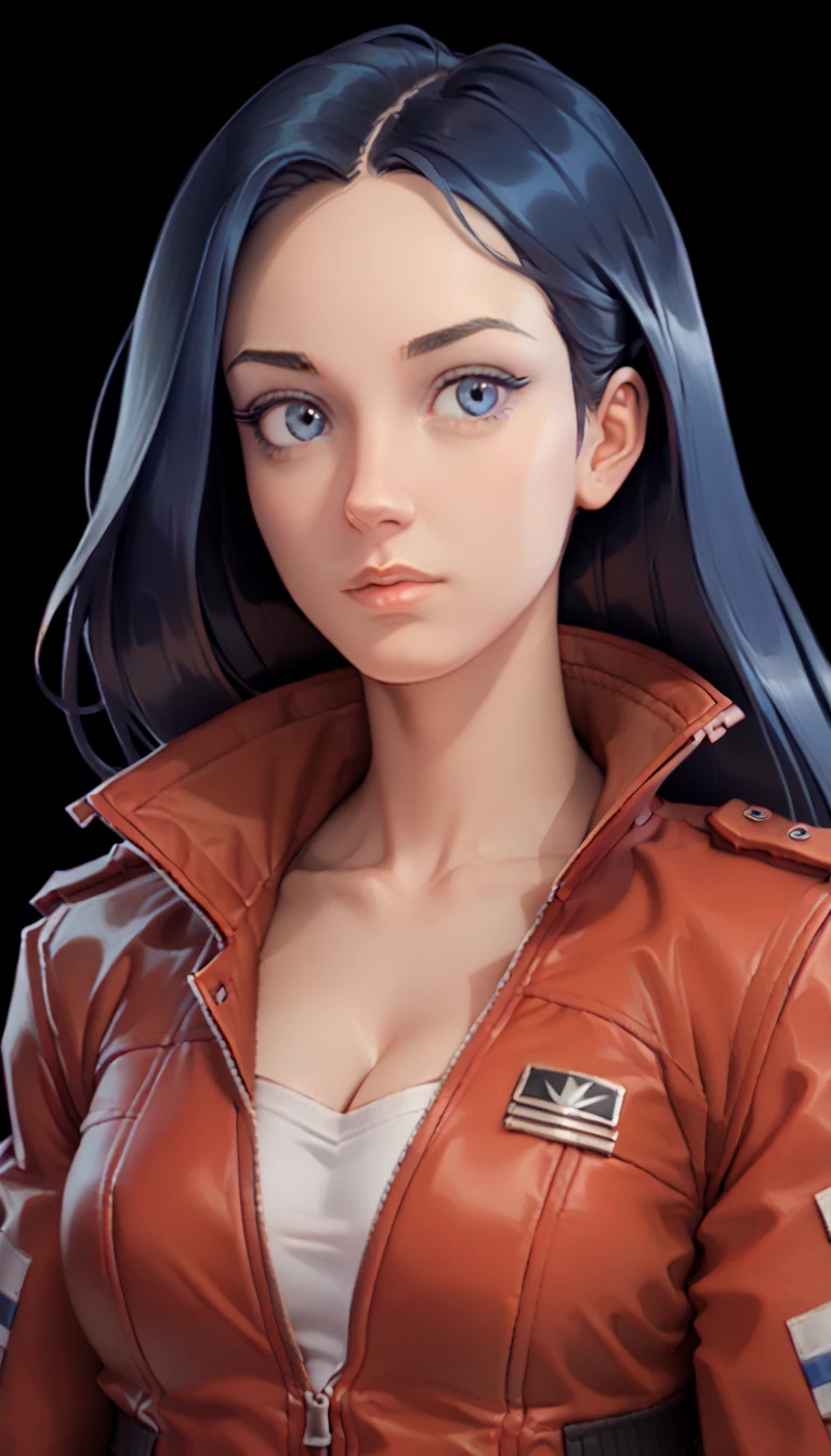 one woman, mita, (dark blue eyes:1.2), dark blue hair, long hair, (upper body:1.3), (black background, clear background:1.5), (red military jacket:1.2), (studio lights, deep shadows:1.3), (big chest:1.2)