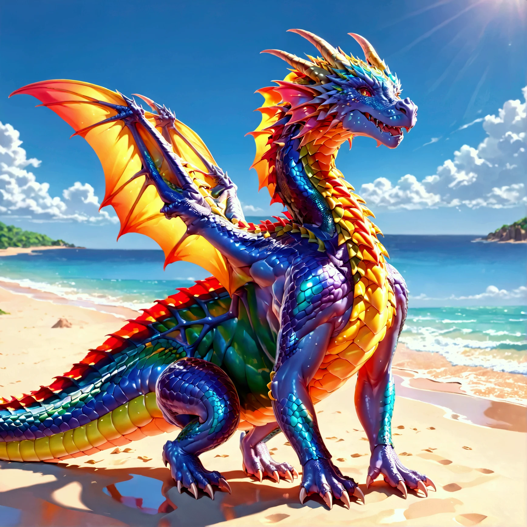 A serene dragon symbolizes the Maldives, its scales reflecting the turquoise waters and white sandy beaches. The dragon's body winds gracefully through the atolls, its presence creating gentle waves and vibrant coral reefs beneath. Surrounded by a myriad of colorful fish and sea creatures, the dragon's wings shimmer with the colors of a tropical sunset, casting a golden glow over the crystal-clear waters and creating a paradise-like scene