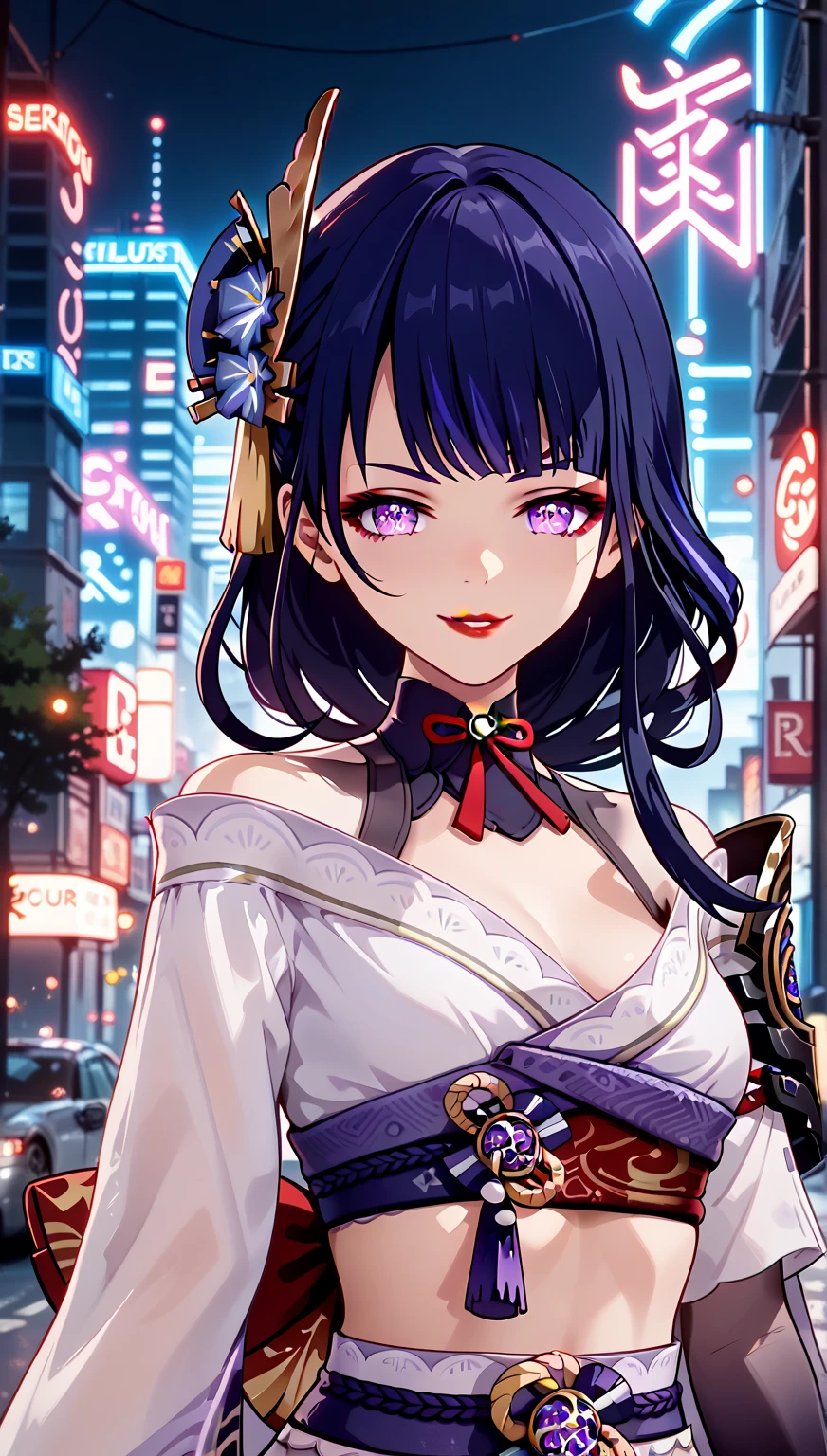 ultra-high quality, best quality, 8K, UHD, very aesthetic,  volumetric lighting,raiden shogun,image of a wild girl with tattoo, midriff, punk, red eyeshadow, wild, smirk on face, city at nighttime, neon colors lighting, moody, shadows, 1 girl, Red Lips