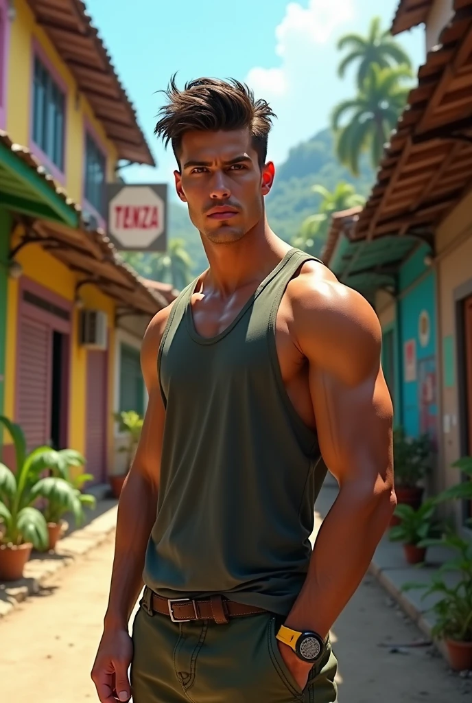 A muscular young man with Spanish features is standing by a swimming pool in Seville, Spain. He has short, dark brown hair, deep black eyes, and tanned skin. He is shirtless, showcasing his extremely well-defined and large muscles. The setting is a poolside area with traditional Spanish architecture visible in the background, including whitewashed walls and wrought iron details. The atmosphere is warm and relaxed, with the golden light of the late afternoon sun reflecting off the water. The image should be ultra-realistic, capturing the warmth and vibrancy of the scene in Seville.