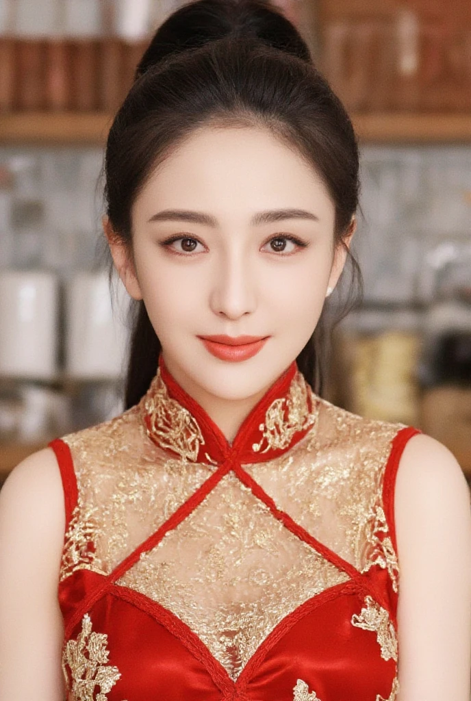 (masterpiece, top-quality:1.3), 8k, UHD, extremely detailed, detailed skin, real life photograph, (photorealistic, raw photography:1.4), 1girl, chinese restaurant waitress, smile, see through cheongsam high cut leotard, full body, nsfw