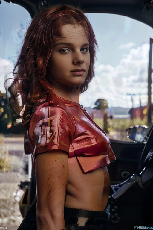 masterpiece, best quality, ultra detailed, detailed face, full body photo of innocent young irish girl, freckles, smirk at camera, focus on eyes, dark red wavy short hair, (green eyes:1.1), small breasts, dirt and blood on face, muscular, wet skin, detailed military uniform, action pose, post-apocalypse city at night, rain, explosions, fire, nsfw