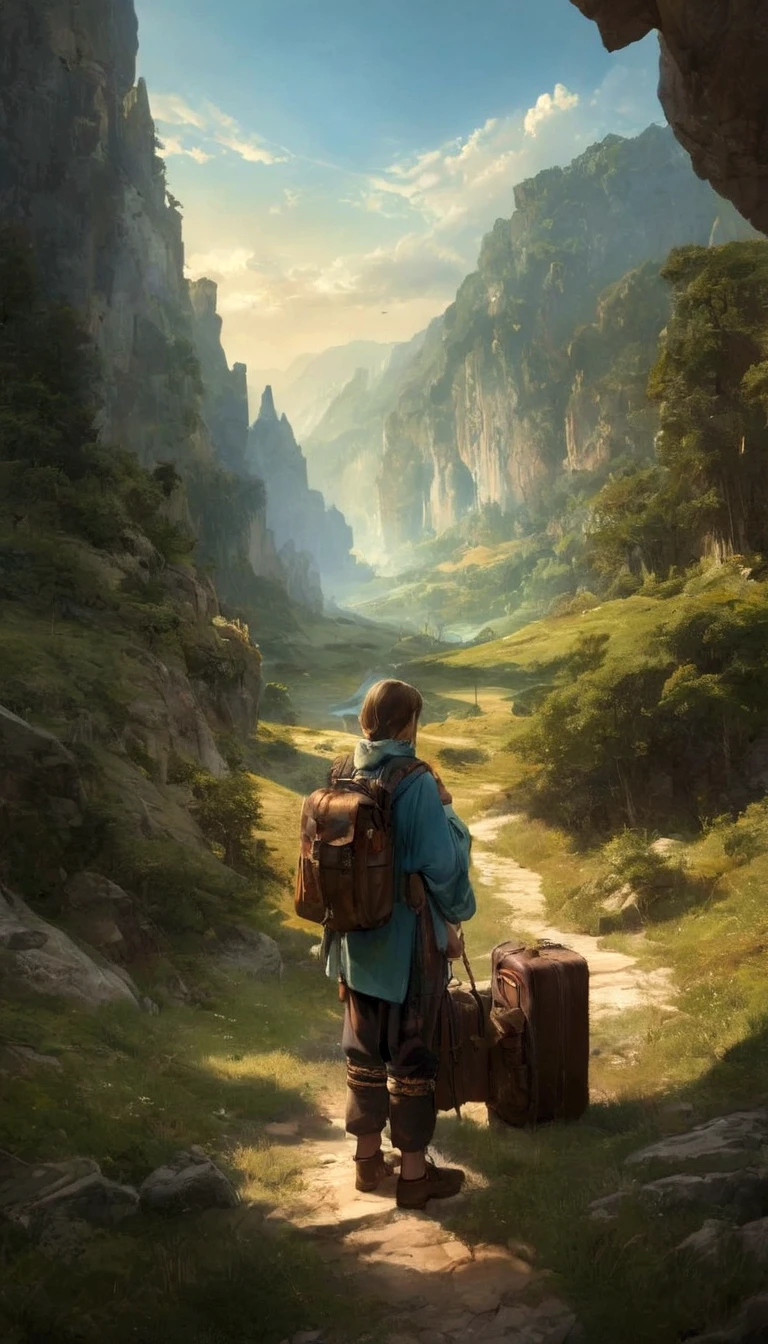   backpacker traveling to another world、  ethnic costume 、  equipped tunic  、  Long Sleeve  、3/ 4 Length Pants 、Comfortable leather shoes  、Dagger and sword 、  backpack and luggage 、  Amazing Scenery  、Light color、 beautiful landscape painting  