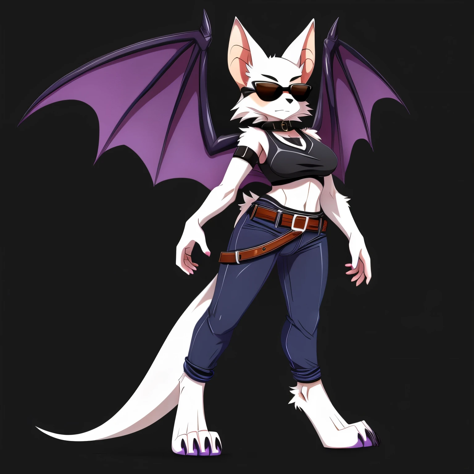 SFW version, anime, anime style, solo picture, ((three-quarter view)), ((looking to the side)), full body picture, ((facing viewer)), Anthro bat character, ((tall character)), ((Fit figure)), ((white skin)), clawed hands, ((clawed feet)), ((one pair of huge purple bat wings)), ((white bat ears)), ((wearing black denim leggings)), exposed belly, ((wearing belts on arms)), ((wearing belts around ankles)), ((wearing belts around thighs)), stylish outfit, black and purple clothes, ((white face)), neutral expression, ((Wearing sunglasses)), ((digitigrade legs)), ((digitigrade feet)), solid black background, dark background, highly detailed anime style, clean lines, beautiful demoness, female demon, gorgeous demon girl, ((hourglass figure)), short muzzle, furry cheeks, furry muzzle