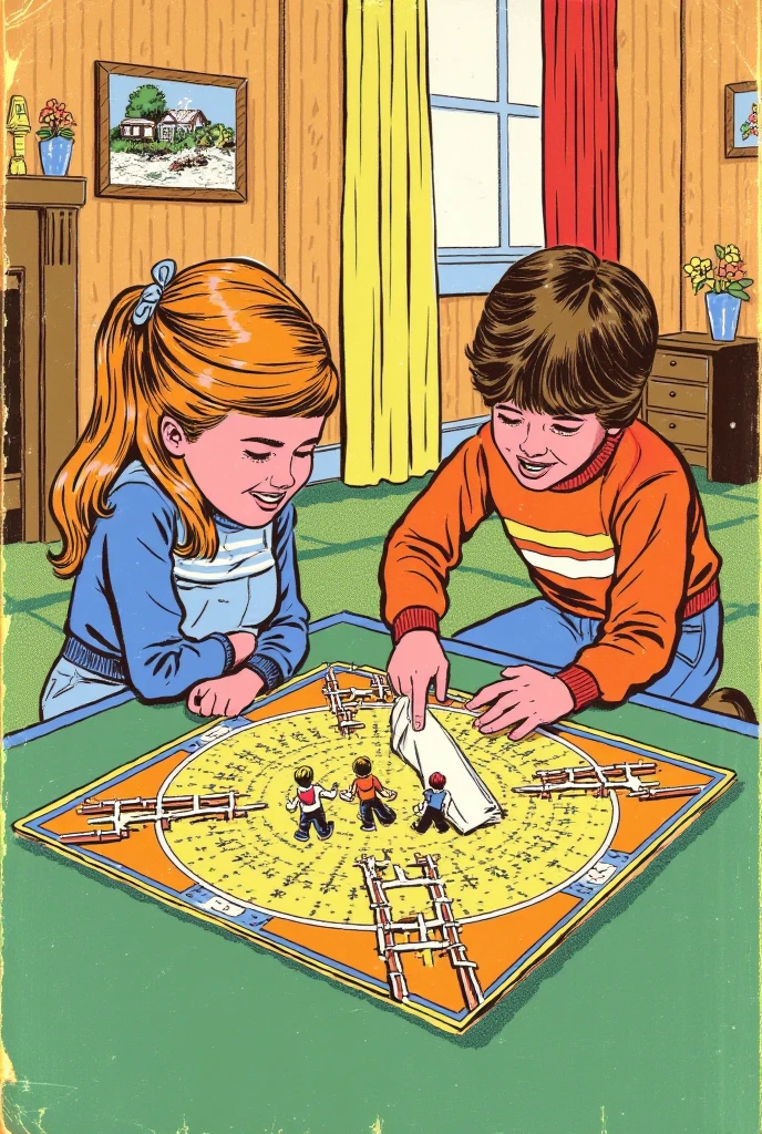 A boy and a girl sitting around a board game. The game has pieces to put together: crosses, white cloths, stakes. The aesthetics of the ren and the game are from the 70s or early 80s. The place, the clothing, the elements and the style of the drawing have to have that retro feel.