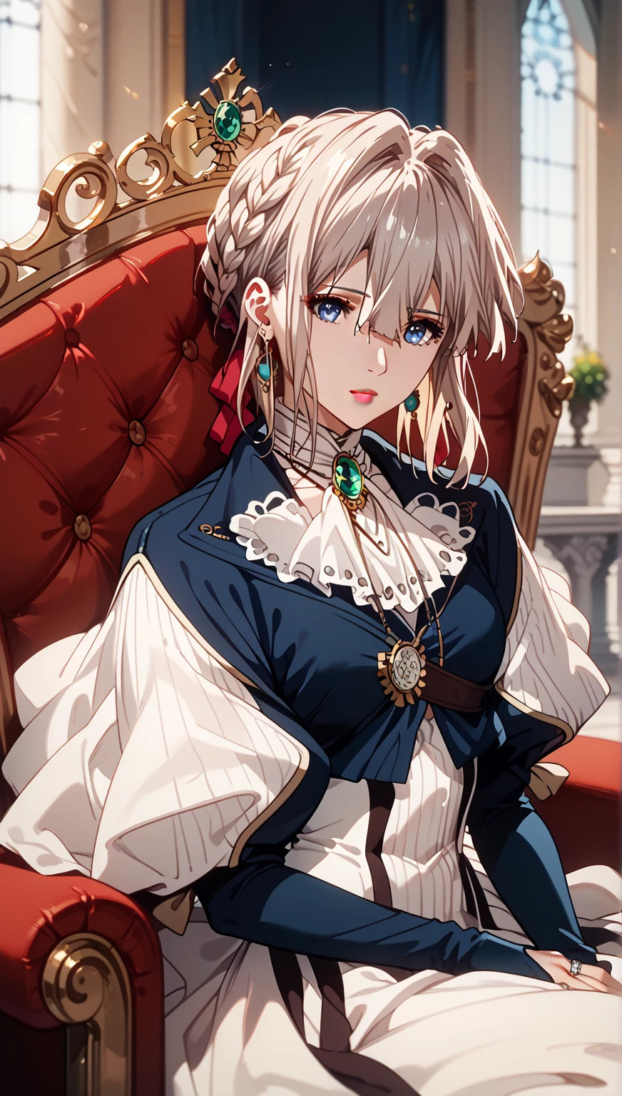 ultra-high quality, best quality, 8K, UHD, very aesthetic,  volumetric lighting,violet evergarden,wearing Silver Down blouse and crown sitting on throne in palace, jewelry, necklace, crown, sitting, earrings, White loose dress, ring, cross, grey eyes, white short undercut hair, Red Lipstick"