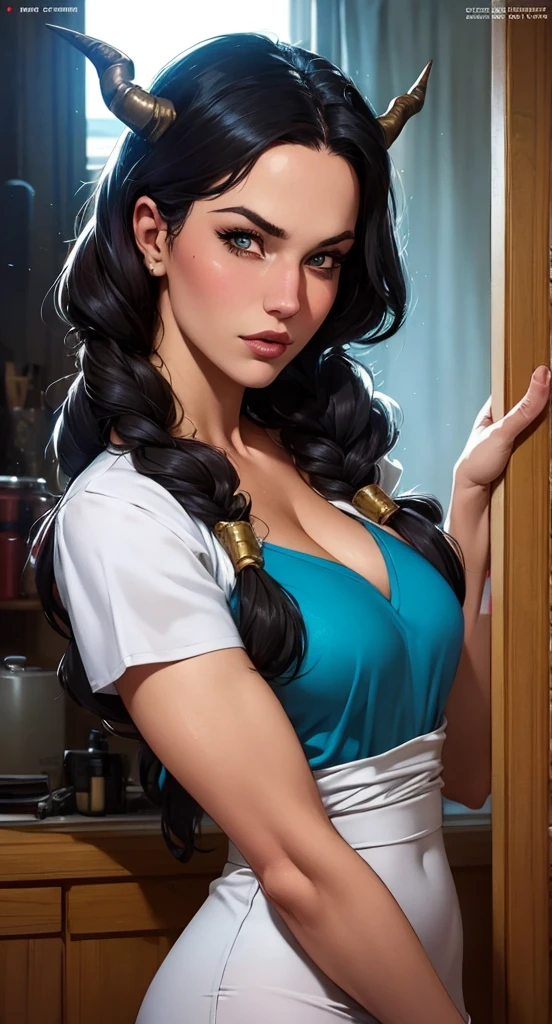 arafed woman with horns and a white dress in front of a window,  Artgerm  detailed, stanely  Artgerm ,  Artgerm  portrait,  Artgerm  style, style  Artgerm , extremely detailed  Artgerm , in the style  Artgerm , style of  Artgerm , The AI model |  Artgerm , stanley  Artgerm  lau de ilustração digital estilo de desenho animado GTA,  atompunk style highly detailed character design , detailed digital art courage, Forest Fan Art,  digital illustration style ,  beautiful digital illustration ,  high quality portrait , comic art, Young woman with beautiful braided hair .  Queen Anna of Arendelle well-outlined eyes Large medium bust and wonderful and sexy clothes .  image expression of sexual desire from waist to head illustration Queen Anne of Arendelle atompunk style Fallout 4 pose magazine playboy with beautiful breasts without clothes wonderful breasts 