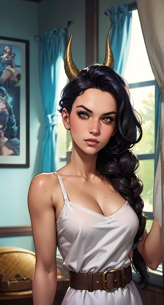 arafed woman with horns and a white dress in front of a window,  Artgerm  detailed, stanely  Artgerm ,  Artgerm  portrait,  Artgerm  style, style  Artgerm , extremely detailed  Artgerm , in the style  Artgerm , style of  Artgerm , The AI model |  Artgerm , stanley  Artgerm  lau de ilustração digital estilo de desenho animado GTA,  atompunk style highly detailed character design , detailed digital art courage, Forest Fan Art,  digital illustration style ,  beautiful digital illustration ,  high quality portrait , comic art, Young woman with beautiful braided hair .  Queen Anna of Arendelle well-outlined eyes Large medium bust and wonderful and sexy clothes .  image expression of sexual desire from waist to head illustration Queen Anne of Arendelle atompunk style Fallout 4 pose magazine playboy with beautiful breasts without clothes wonderful breasts 