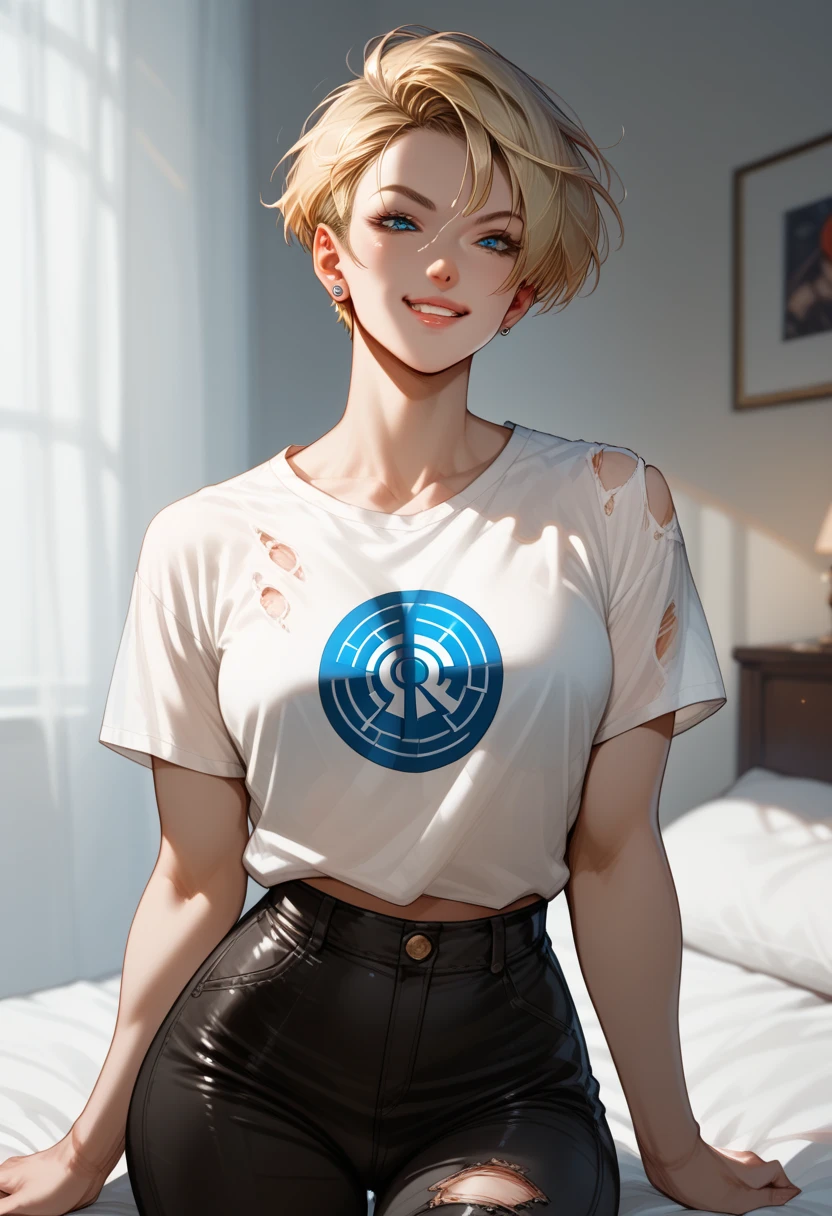 Androide C18 from Dragon Ball, detailed portrait, blonde hair shoulder-length, blue eyes, white skin, cyborg details, wearing red t-shirt with ripped sleeves, leather pants, {{{muscular athletic build}}}, pinup pose, dynamic lighting, 8K resolution, professional photo, golden ratio composition, studio lighting, vivid colors