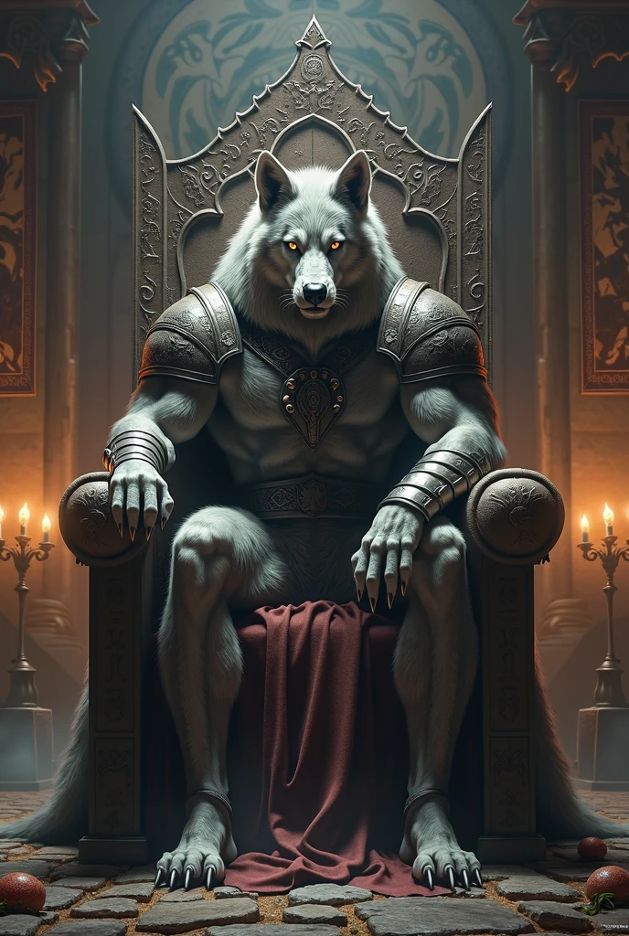 detailed, detailed eyes, detailed face, detailed hands, adult male, solo, adult male, anthro jackal, sitting in an throne with crossed legs, nude, angry expression, angry look, grey fur, red eyes, glowing eyes, sand powers, imposing, full-length portrait,