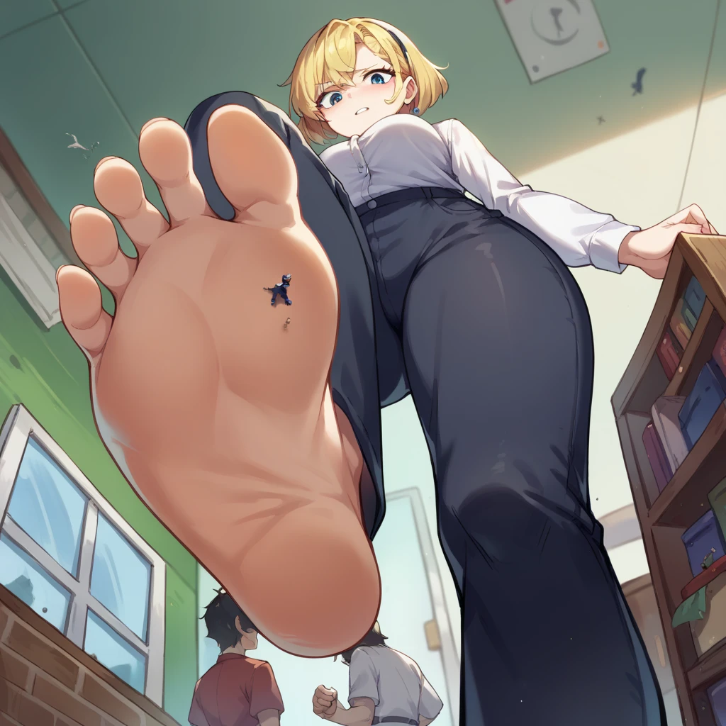 score_9, score_8_up, score_7_up, source_anime, BREAK pov: under giantess,White skin tone, white shirt, black pants, blonde hair,from below,stomp,soles,barefoot,room,building,destroying city