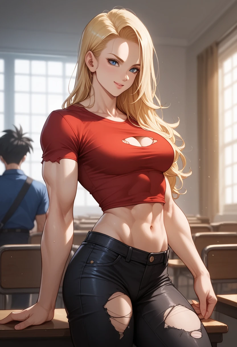 Androide C18 from Dragon Ball, detailed portrait, blonde hair shoulder-length, blue eyes, white skin, cyborg details, wearing red t-shirt with ripped sleeves, leather pants, {{{muscular athletic build}}}, pinup pose, dynamic lighting, 8K resolution, professional photo, golden ratio composition, studio lighting, vivid colors