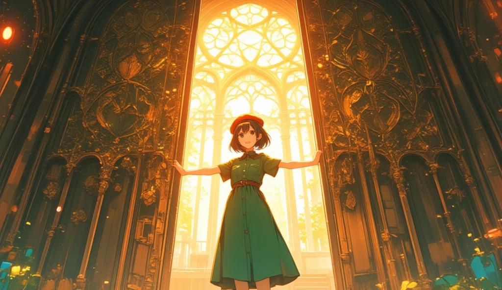 (masterpiece, high quality, high res, 4k, 8k, detail), cute Japanese girl (one solo, lo-fi girl, cute face, best smile), (black hair, short hair, black rimmed glasses, red beret, green shirt dress), (anatomically correct body, hands, fingers), happy atmosphere,
Open the big door with beautiful gothic decor, light pours in, girl looks radiant,