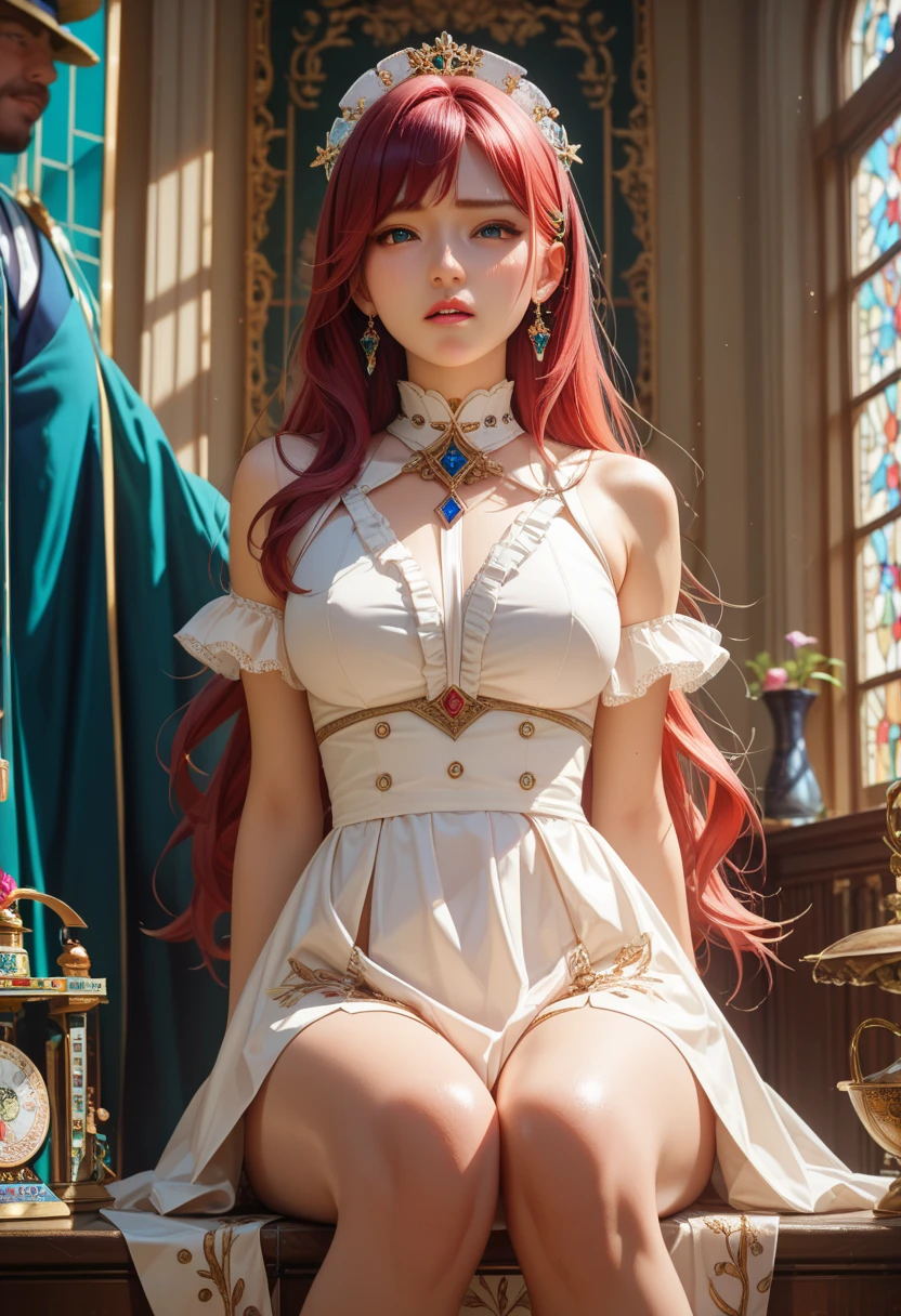Full body image, completely crowded bus with several men around Princess Zelda in Ultraman costume, squeezing her body, old furry old man with bearded 90-year-old glasses holding her from behind. She has huge breasts, red hair in the wind, light green eyes, her look has a black shirt with white shot and white corset. They are around her to cover up the old man's actions. She's happy giving a beautiful smile and showing off. Anime style, (16k:1.5), (highly detailed), (maximum quality), (maximum resolution), sharp focus.