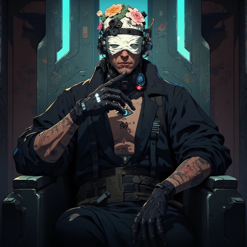 A portrait of a man with a white bandage covering his eyes, wearing a black robe and flowers on his head in the style of Tom Bagshaw young anime murim santa clause suit villain taoist marshal artist , tattoo of eye on neck , saint post , laughting ,gloves , kiijing thought finger , hiding smirk smile , in suit sitting in dark shadows on chair in villainous pose cyberpunk, young evil monk, chillin in the city god eye, antagonist , daoists ,
