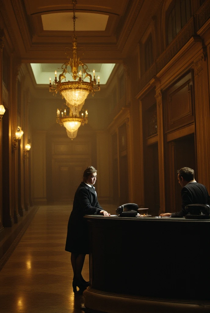 A hotel receptionist leaning on the counter, staring at a single ringing phone in an opulent yet empty lobby, lonely, surreal, dreamlike, haunting, introspective, inspired by Alex Prager, neo-noir style, a grand hotel lobby with flickering chandeliers, golden hour, Sony Alpha 1, 85mm f/1.4 lens, Ektachrome E100 film, rich hues with heavy vignette, photorealistic 