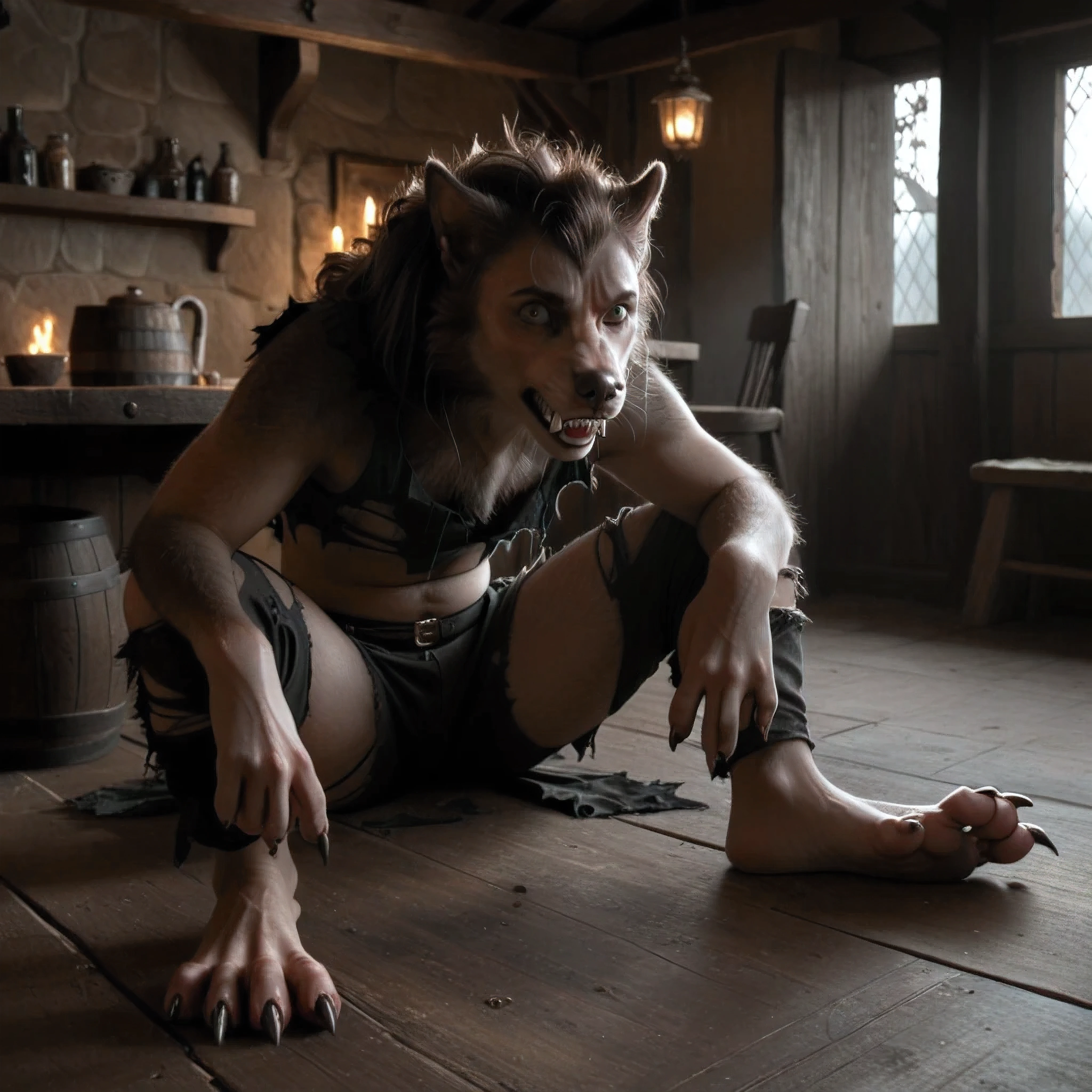 Man sitting on the floor in a tavern, medieval, human arms AND feet AND face, [human: werewolf:0.7], [human skin: fur:0.6], Full moon in the background, dynamic pose, fangs:0.8, heavy breathing, shaking, claws, torn clothes, tattered clothes, emaciated, realistic creature concept, photorealistic dark concept art, detailed fur, shocked:0.8, confused:0.8, puzzled:0.8, in pain:0.8, (dramatic cinematic, quality 8k, ultra realistic, hyper realistic, deep details, by loboleo)