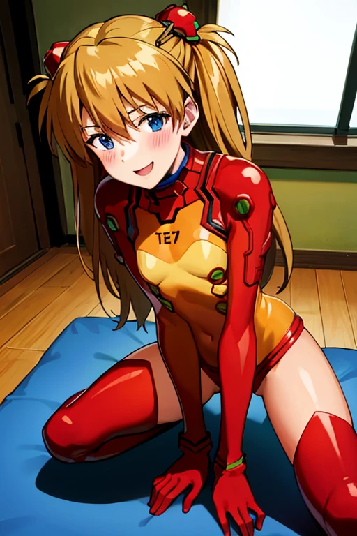 (( top quality)), ((masterpiece)), (be familiar with), perfect face, indoor, bedroom,  Watching Viewers ,
One woman,  Soryu Asuka Langley ,
開いた口,  ecstatic expression beside the piano, blush, smile,
 small tits,  flat chest, Young girl, Lori,  s,  girl,
 long hair,  two side up,
Leg spread,