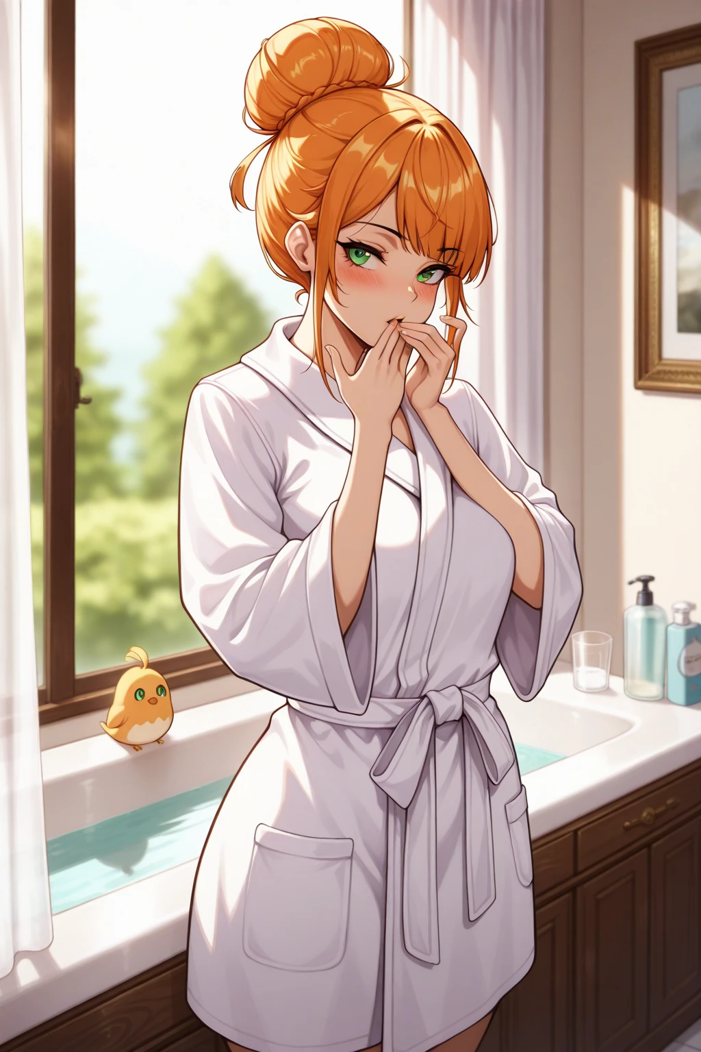  masterpiece,  best quality,  amazing quality ,  is very beautiful ,  ultra high resolution,  Ultra Realistic , 1 Girl,  unique ,
Vienna , 紫色hair,  green eyes , Tie hair, hair,  augeport , Huge bun ,
 medium breasts,  white bathrobe , robe,  long sleeve, Wide sleeves,
Seductive gaze ,  bedroom-like eyes ,  split lips ,
 blush, Look at the audience, Standing,  opposed,  hands in your mouth,
 Blurred Background , White curtains, Glass Windows, morning,  bathroom, tub,