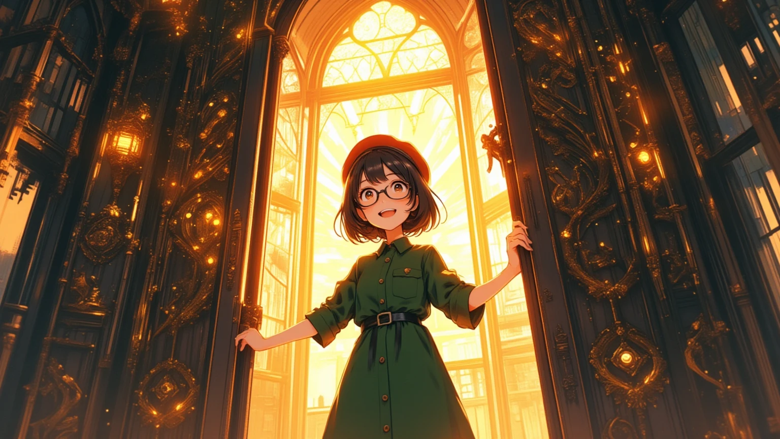 (masterpiece, high quality, high res, 4k, 8k, detail), cute Japanese girl (one solo, lo-fi girl, cute face, best smile), (black hair, short hair, black rimmed glasses, red beret, green shirt dress), (anatomically correct body, hands, fingers), happy atmosphere,
Open the big door with beautiful gothic decor, light pours in, girl looks radiant,