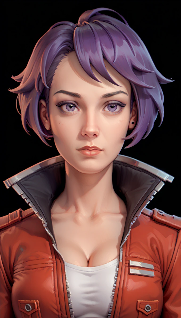 one woman, chopiomita, (purple eyes:1.2), purple hair, (upper body:1.3), (black background, clear background:1.5), (red military jacket:1.2), (studio lights, deep shadows:1.3), (big chest:1.2)