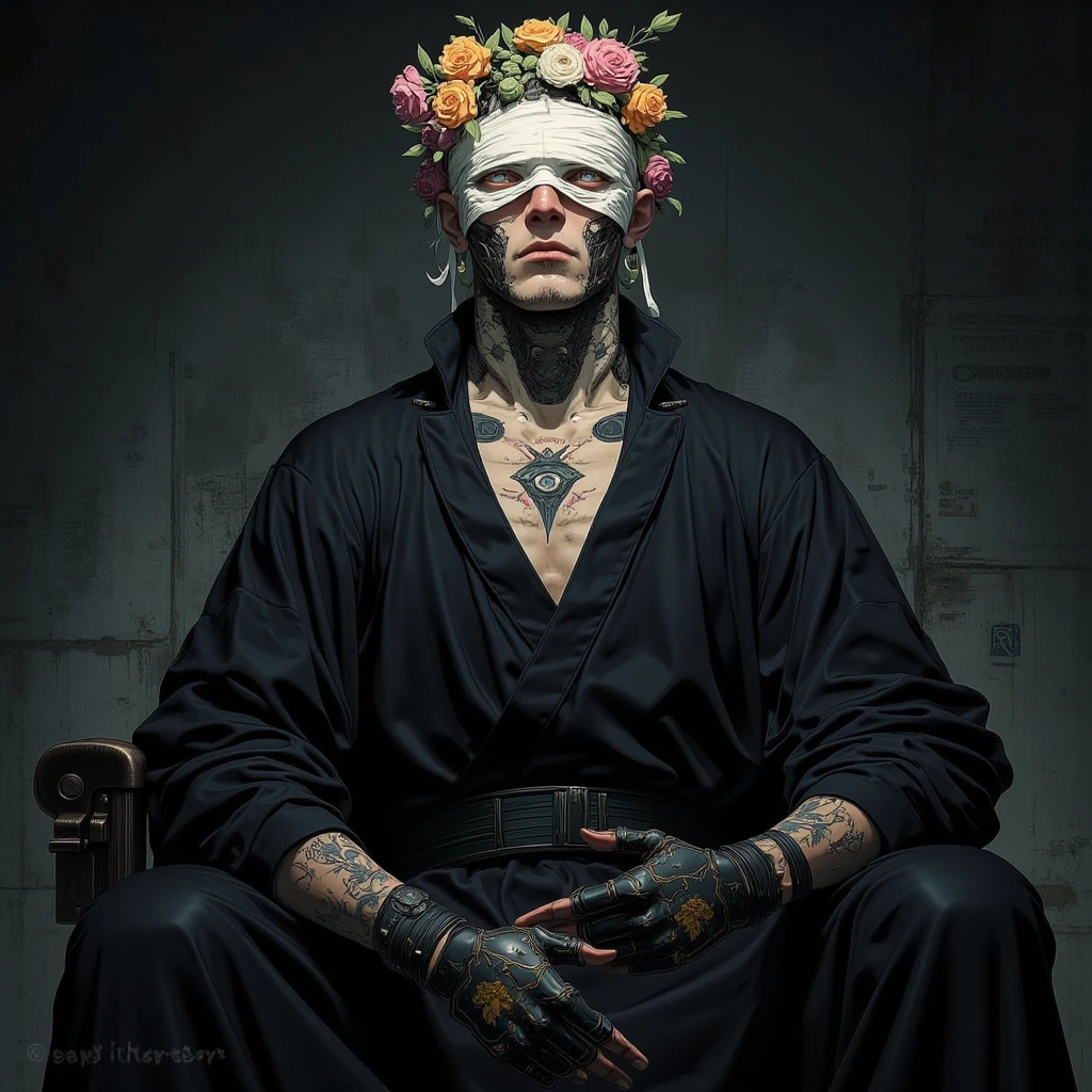 A portrait of a man with a white bandage covering his eyes, wearing a black robe and flowers on his head in the style of Tom Bagshaw young anime murim santa clause suit villain taoist marshal artist , tattoo of eye on neck , saint post , laughting ,gloves , kiijing thought finger , hiding smirk smile , in suit sitting in dark shadows on chair in villainous pose cyberpunk, young evil monk, chillin in the city god eye, antagonist , daoists ,
 in style of Hans Hartung,in style of Henrietta Harris 1girl ,captivating gaze, Person without eyes, hair or eyebrows drawn in black and white young anime murim santa clause suit villain taoist marshal artist (masterpiece:1.2,Exceptional Quality,mirror-like,Cinematic Experience,Photorealistic:2.0,RAW Photos:2.0,Super detailed),8k,wallpaper,(Representing blueprints through holograms:2.0),(Beautiful woman:2.0),Female Cyborg,(Design of a Female Cyborg:2.0),(Draw the back view:2.0),(Avant-garde design:2.0),(Drawing detailed blueprints:2.0),(Numerous notes about the settings:2.0),(Beautiful Face,Beautiful Eyes,Beautiful Hair)

