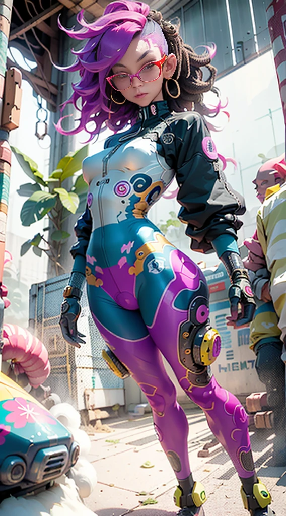 "1 cyborg girl with tattoos, dread hair in spring, puffer suit, vibrant and luminous colors, sharp and cinematic style, depth of field, capturing the essence of 35mm film, and a touch of luminous painting, standing full body details, Sexy poses."