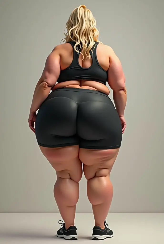 A thin woman with giant buttocks in panties bending over, morbydle obese