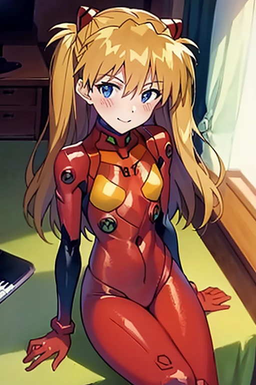 (( top quality)), ((masterpiece)), (be familiar with), perfect face, indoor, bedroom,  Watching Viewers ,
One woman,  Soryu Asuka Langley ,
開いた口,  ecstatic expression beside the piano, blush, smile,
 small tits,  flat chest, Young girl, Lori,  s,  girl,
 long hair,  two side up,
Leg spread,