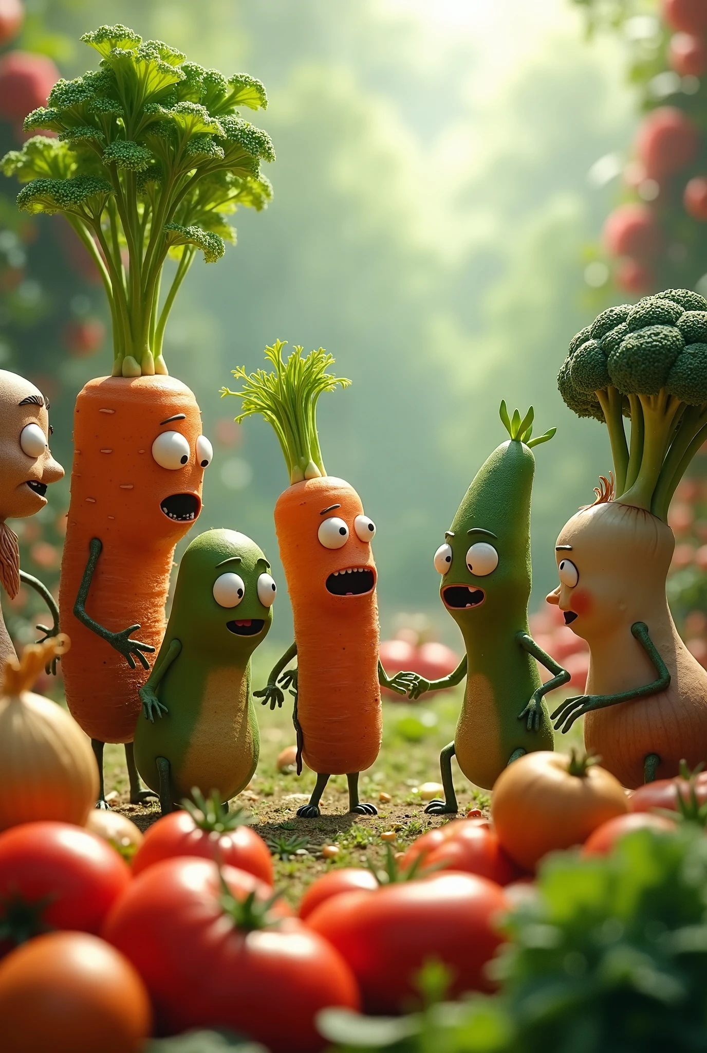 Depict the vegetables in action as they execute their plan to fend off the insects, showing teamwork and courage.