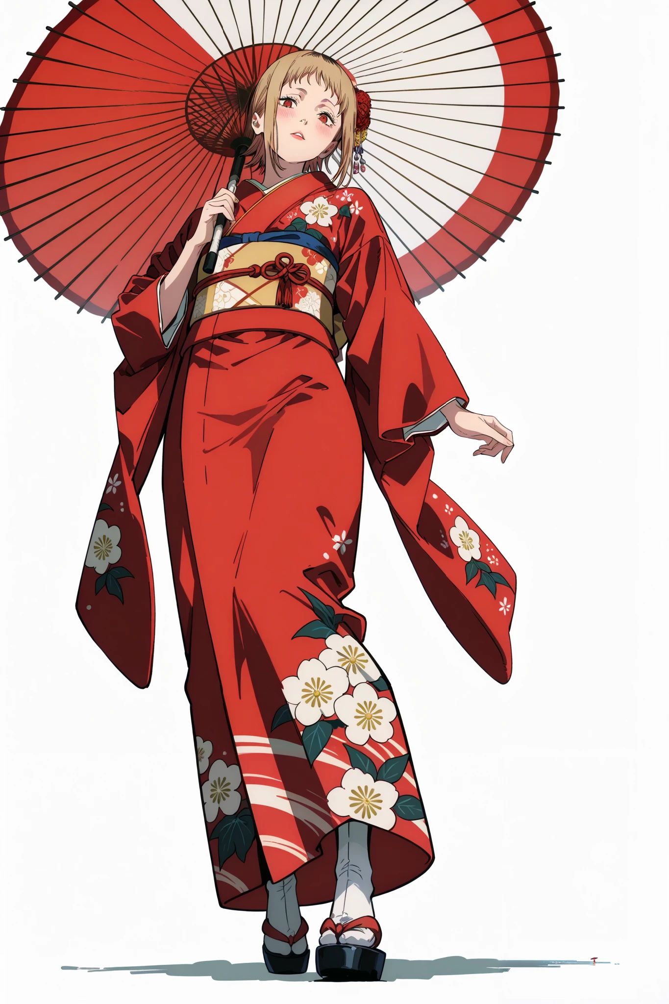 (Sh1r3n:1.2), chainsaw_man_style, 1girl, sawatari akane \(chainsaw man\), chainsaw man, 1girl, from below, umbrella, oil-paper umbrella, japanese clothes, red kimono, flowers print, red umbrella, holding umbrella, 1girl, print kimono, hair flower, hair ornament, solo, holding, red eyes, red kimono, parasol, long sleeves, standing, wide sleeves, blush, looking at viewer, short hair, parted lips, full body, obi, bangs, red lips, sash, white umbrella, white background, furisode, tabi, white legwear, white background, white viper crawling on the ground 