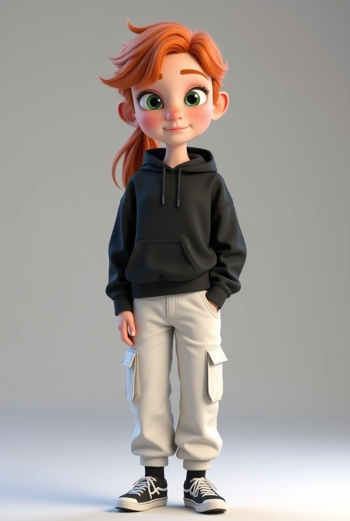 a disney pixar character of a girl in a blue jacket and black pants, wearing a blue hoodie, blonde hair, blue eyes, ponytail, angry look, braces