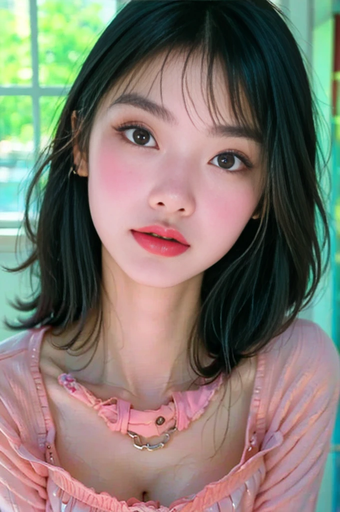 ( Top Quality 、8k、32K、masterpiece)、take off your blouse 、 upper body close-up、 face 、(( realistic skin types ))、( lean forward :1.3)、( oversized blouse 、 loose blouse 、 close-up portrait :1.2)、(Detailed Bra)、 Japanese 、18 years old、lips, very cute girl is sinking、 beautiful girl 、 squat、 bright smile、 living room 、 bright room、 to restore color to my face 、 long black strait hair、Shooting from front above, 