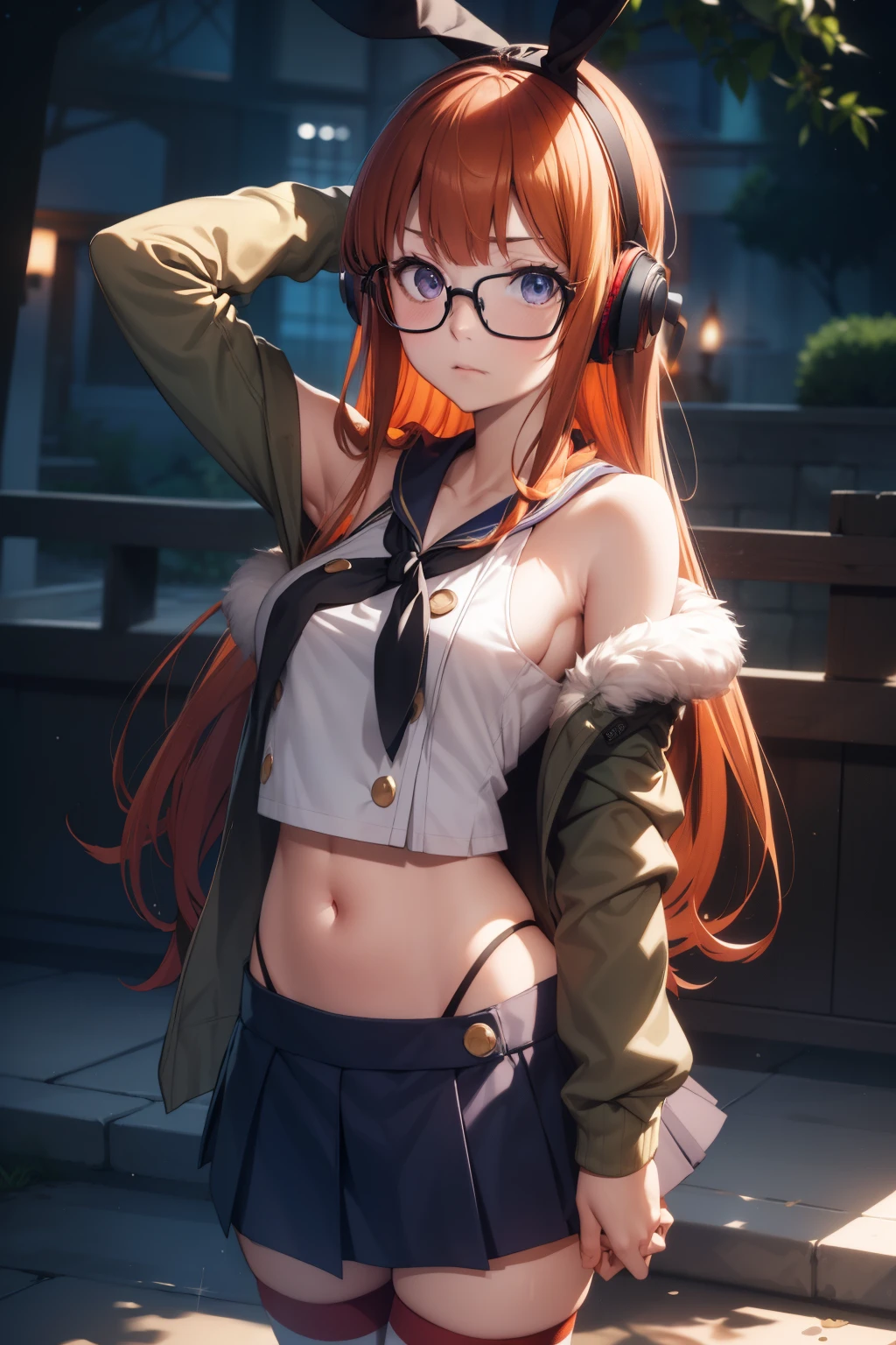 futabasakura, futaba sakura, orange hair, glasses, long hair, (purple eyes:1.1), ahoge,
behind-the-head headphones, black thighhighs, fur trim, fur-trimmed jacket, green jacket, headphones, jacket , medium breasts , off shoulder, cosplay  Shimakaze , mini-skirt  ,looking at viewer, forest, night moon  background, disappointed face angry , blush , cowboy shot, sleeveless, arms behind head, (masterpiece:1.2), best quality, (illustration:0.8), (beautiful detailed eyes:1.6), extremely detailed face, perfect lighting, extremely detailed CG, (perfect hands, perfect anatomy), younger,