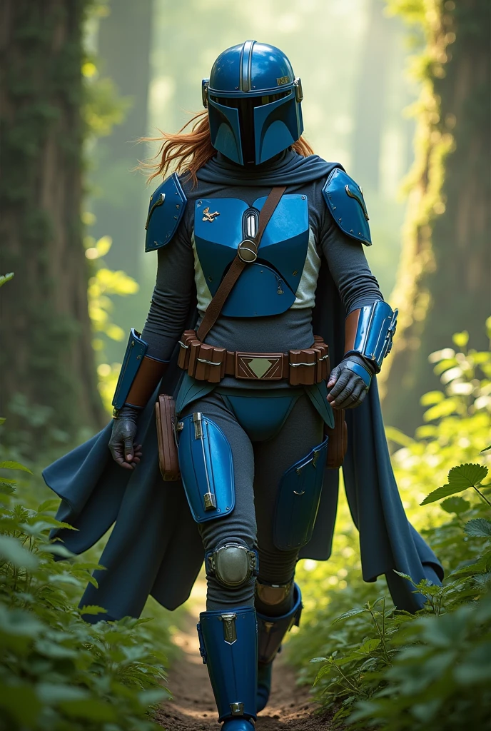 Star wars, human woman , the forest, blue mandalorian armor