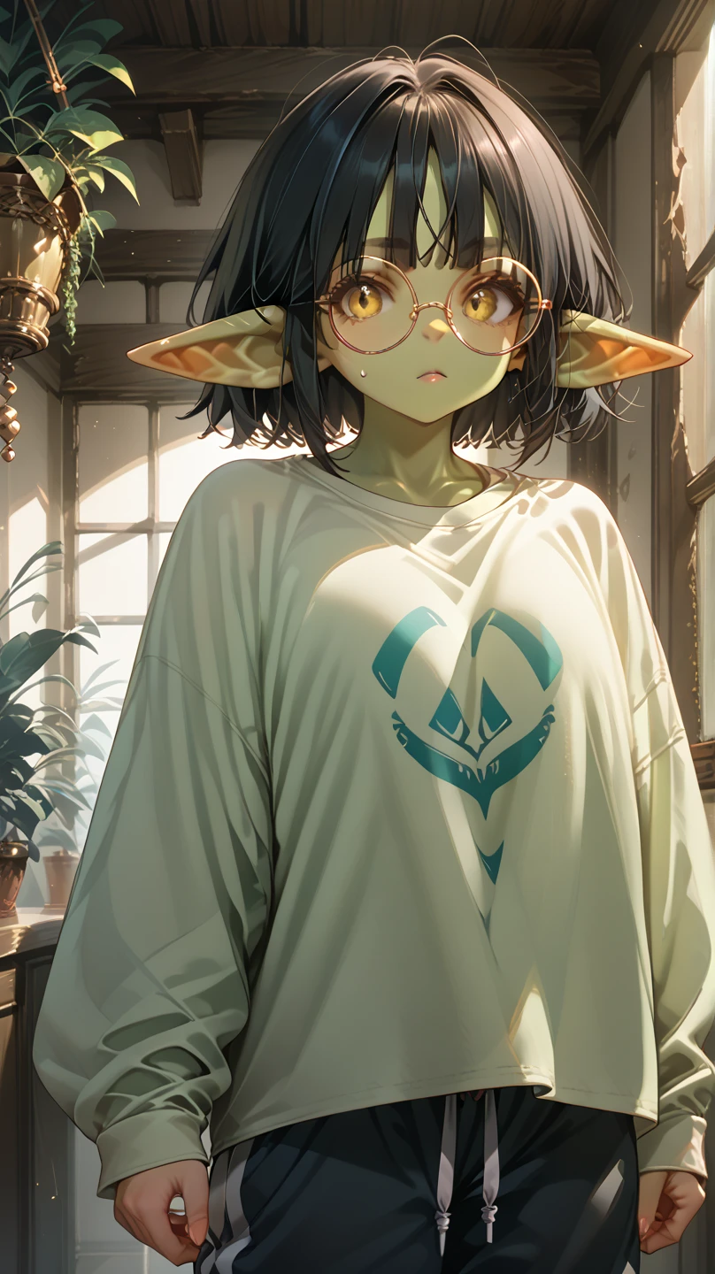 1girl, goblin ears, light green skin, bright yellow eyes, round glasses, black hair, baggy shirt, baggy sweatpants