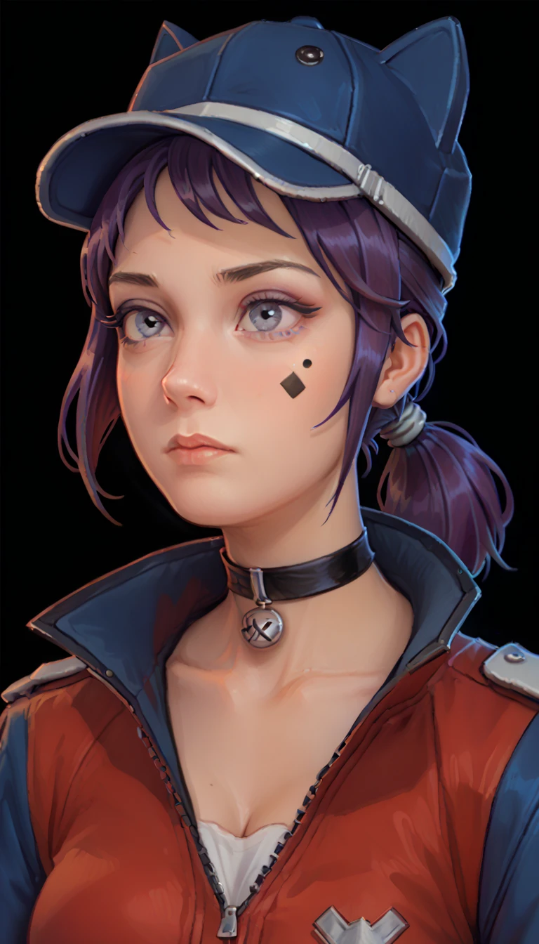 one woman, chopiomita, (purple eyes:1.2), medium hair, sidelocks, teardrop facial mark, low ponytail, outfit_1, cat hat, cabbit hat, blue headwear, ribbon choker, purple hair, (upper body:1.3), (black background, clear background:1.5), (red military jacket:1.2), (studio lights, deep shadows:1.3), (big chest:1.2)