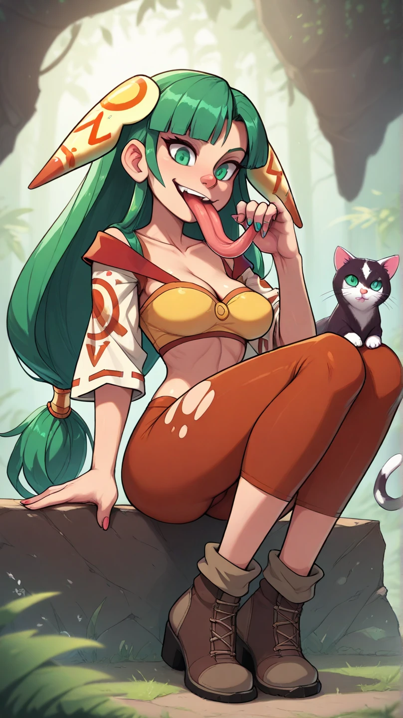 score_9, score_8, 1girl, skinny, feena from grandia, long hair, emerald eyes, Blackred fingernails, cute nose, very long tongue, smile, anthropomorph cat, unreal engine, big natural tits, masterpiece, high quality, horny, hot waifu, monster dick, full body view