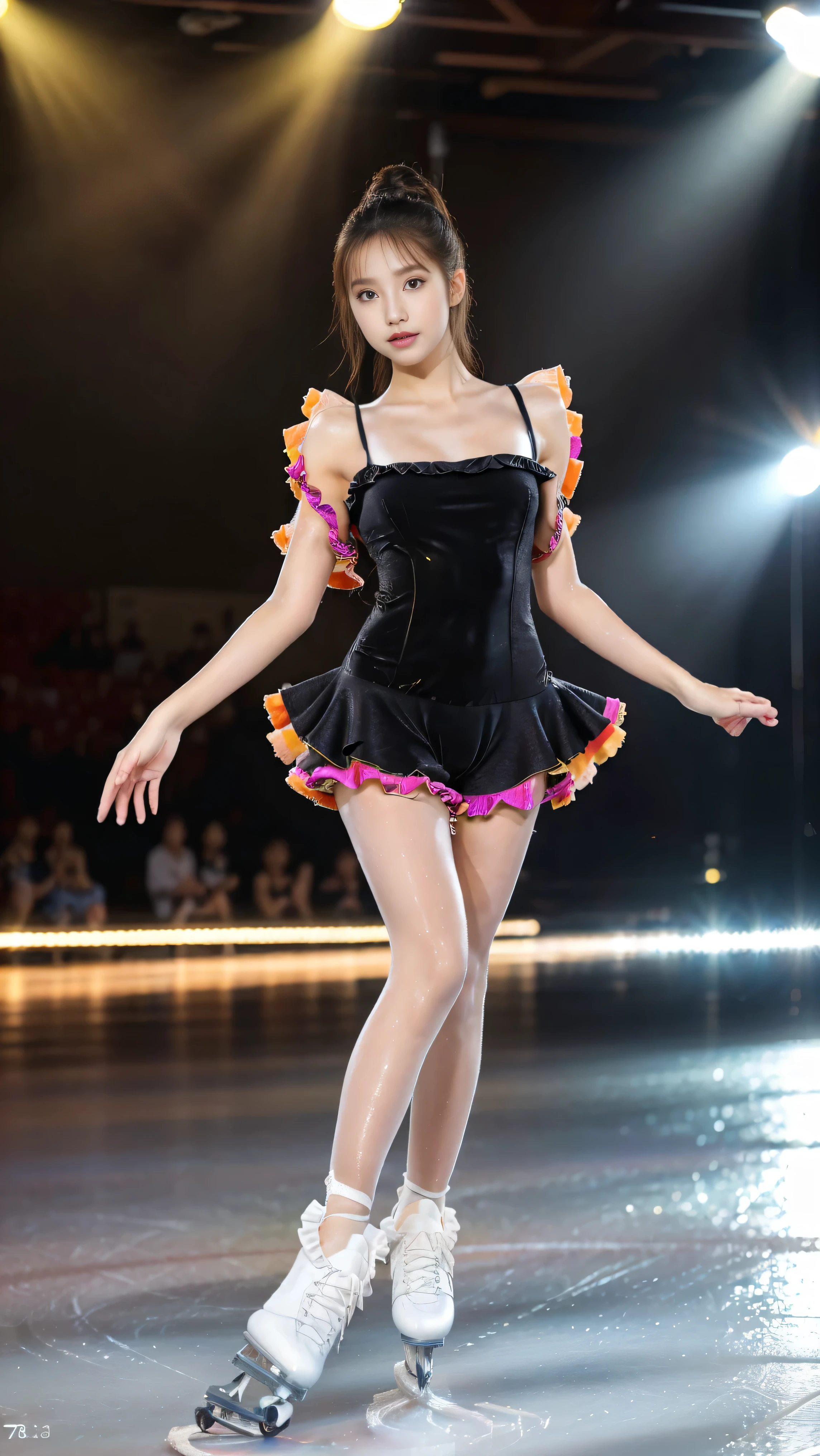 (8k, top quality :1.3, very detailed:1.2, perfect anatomy, beautiful Japanese women, one woman,18 years old, healthy thighs, Beautiful Legs, beautiful skin, random hair color , hairstyles are random , Big Breasts, female figure skater , figure skating clothes , :1.3, Full Body Shot , skate shoes on a skating rink, skating rink),(They are bathed in the spotlight with seven colors of light in a fixed pose:1.6),(Ruffled Outfit ,Lame Outfit :1.8)
