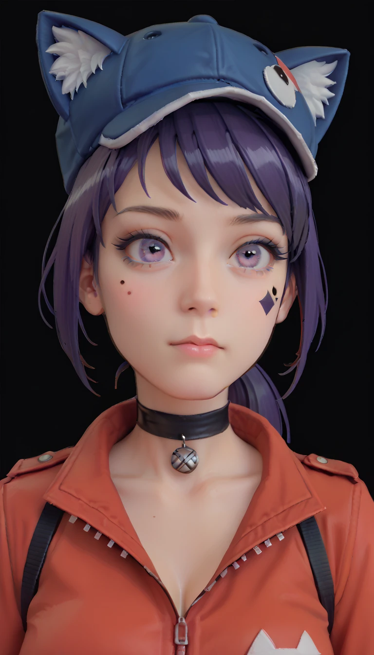 one woman, chopiomita, (purple eyes:1.2), medium hair, sidelocks, teardrop facial mark, low ponytail, outfit_1, cat hat, cabbit hat, blue headwear, ribbon choker, purple hair, (upper body:1.3), (black background, clear background:1.5), (red military jacket:1.2), (studio lights, deep shadows:1.3), (big chest:1.2)