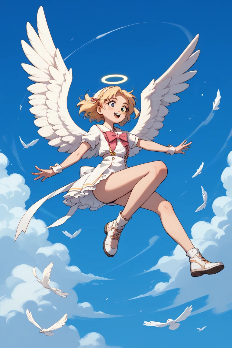 anime style, young female with a big white wing, an angel, flying 