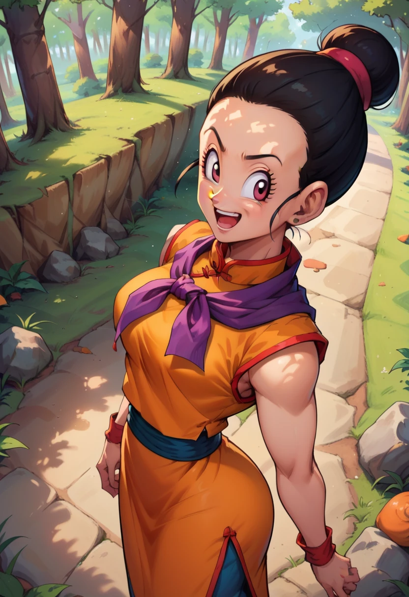 score_9, score_8_up, score_7_up, ch1ch1, chi-chi (dragon ball), solo, orange chinese clothes, purple scarf, (siting:1.2), happy face, detailed background, forest,Dappled Sunlight, from above, dynamic angle, from side