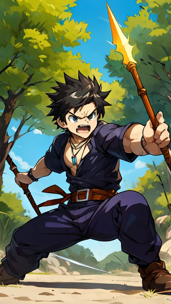 score_9,score_8_up,score_7_up,source_anime,1boy, male, looking at viewer, Kukuru,black hair,black eyes,necklace, outdoors, holding spear,spear, fighting pose, angry