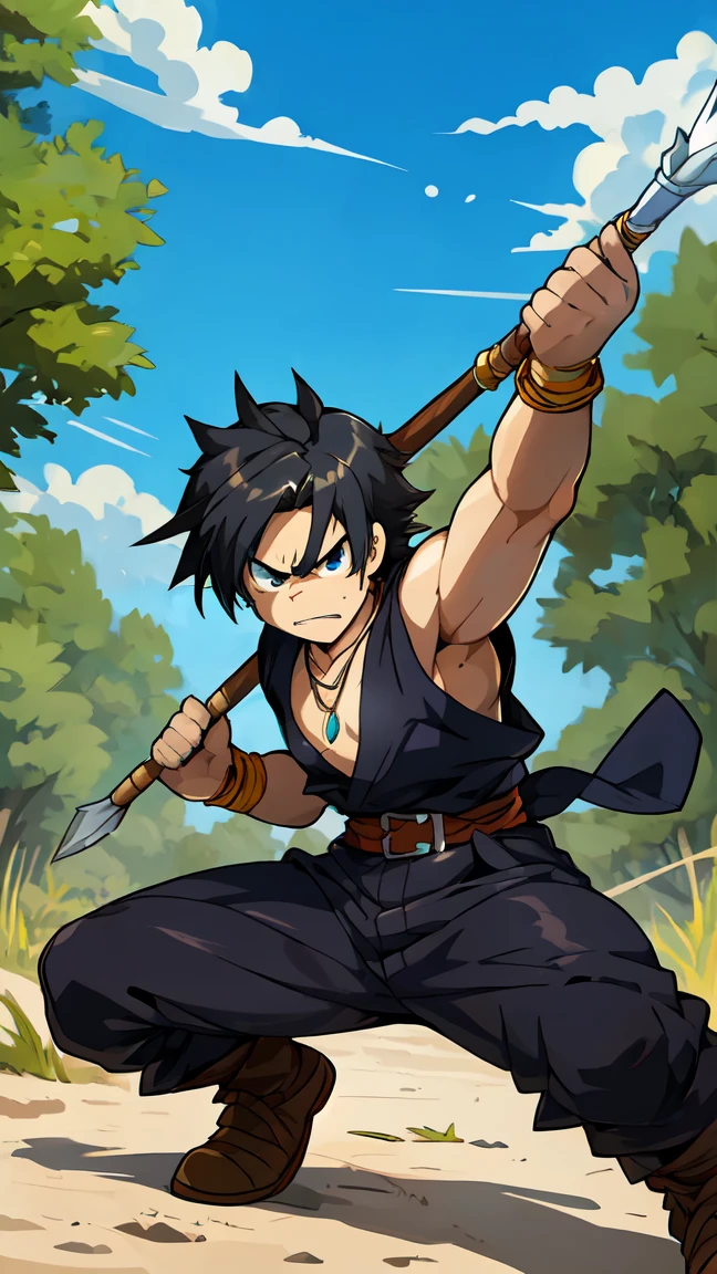 score_9,score_8_up,score_7_up,source_anime,1boy, male, looking at viewer, Kukuru,black hair,black eyes,necklace, outdoors, holding spear,spear, fighting pose, angry